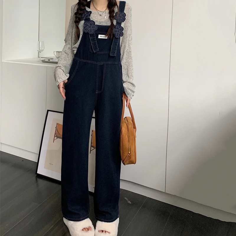 Fashion New Applique Flower Denim Jumpsuits Women Korean Loose Straight Wide Leg Overalls One Piece Outfit