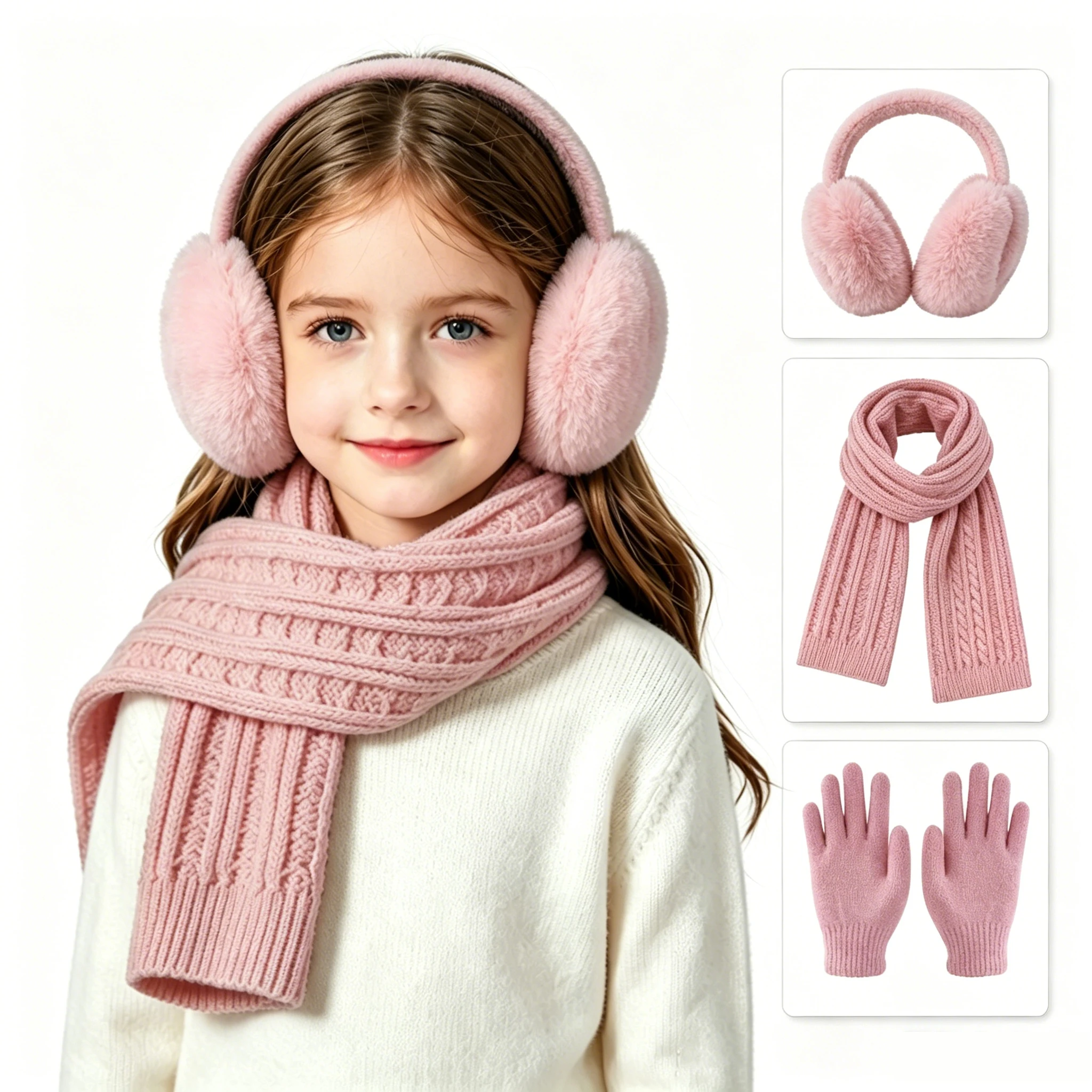 3-10 Years Old Children's Earmuff Scarf Glove Warm-Up Set - Solid Color, Versatile, Three-Piece Set