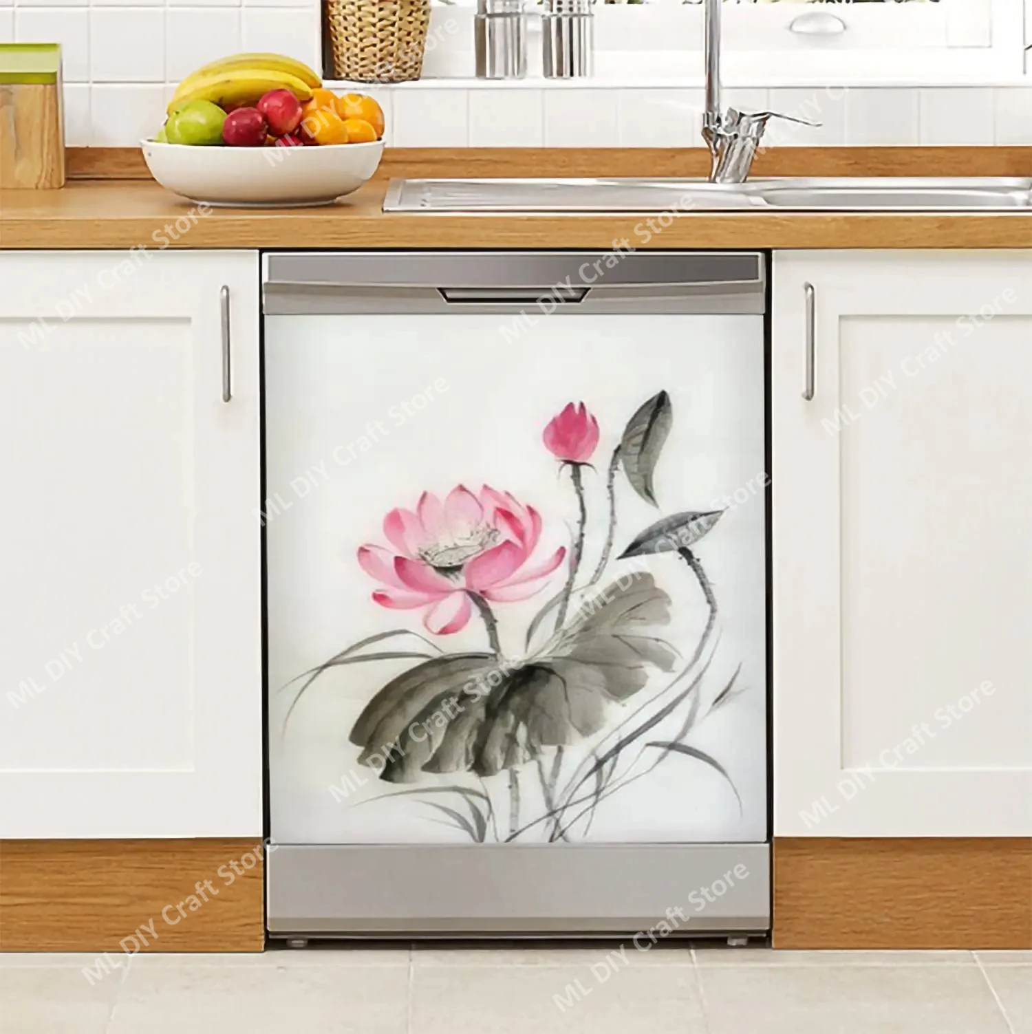 Lotus Flower Dishwasher Sticker Decor Door Cover,White and Gold Floral Picture Sticker Decal Refrigerator Magnets for Adults