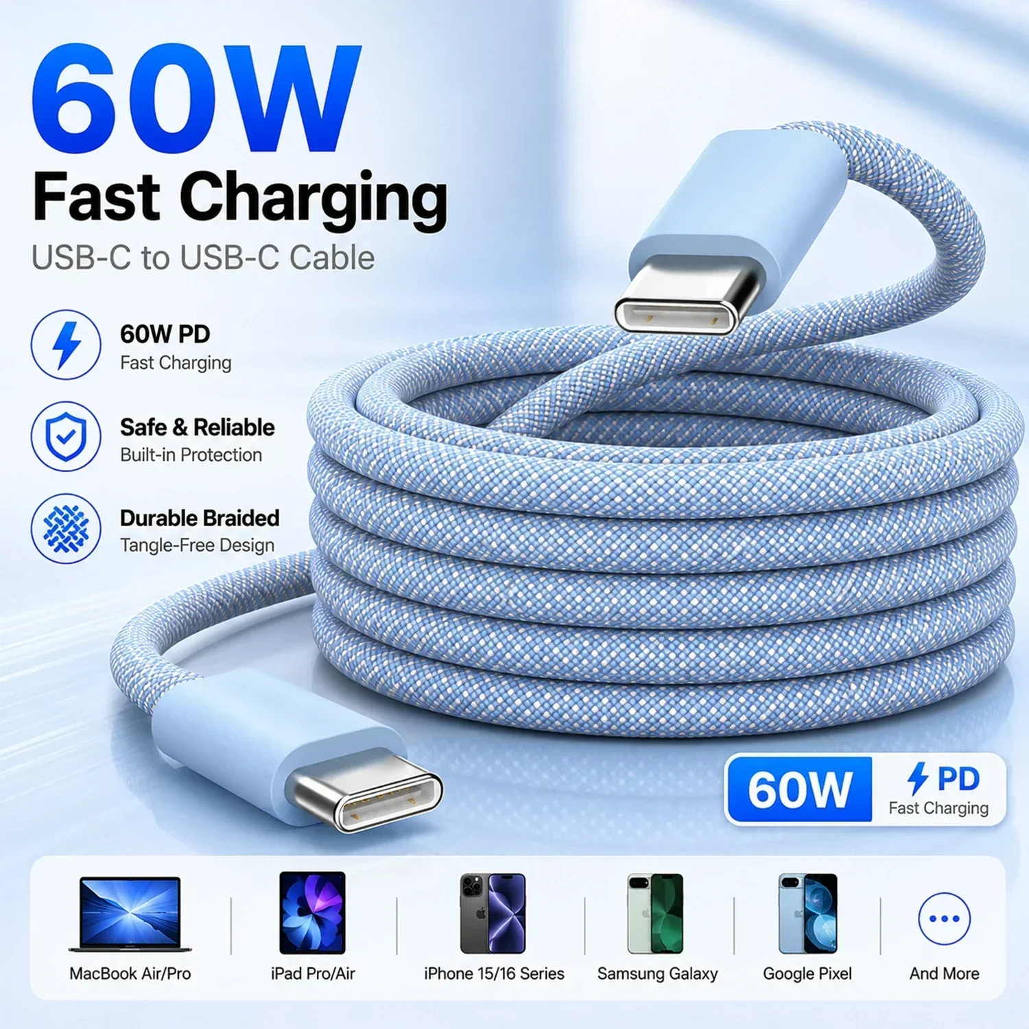 60W USB-C zu USB-C Kabel PD Schnellladekabel für iPhone 15 16, iPad, MacBook Air, Samsung, Geflochtenes Ladekabel