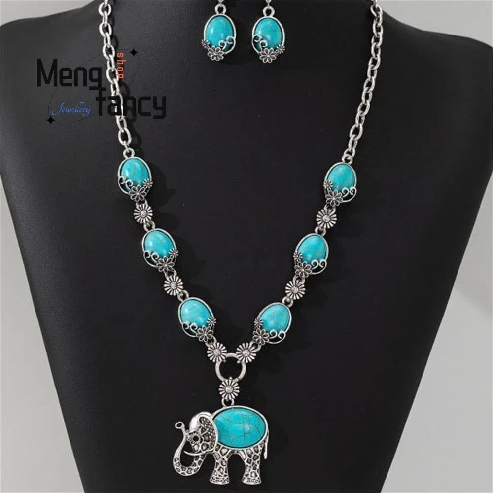 

Natural Bohemian Style Accessories Jewellery Vintage Fashion Elegant Exquisite Turquoise Pendant Necklace Earrings Holiday Gift