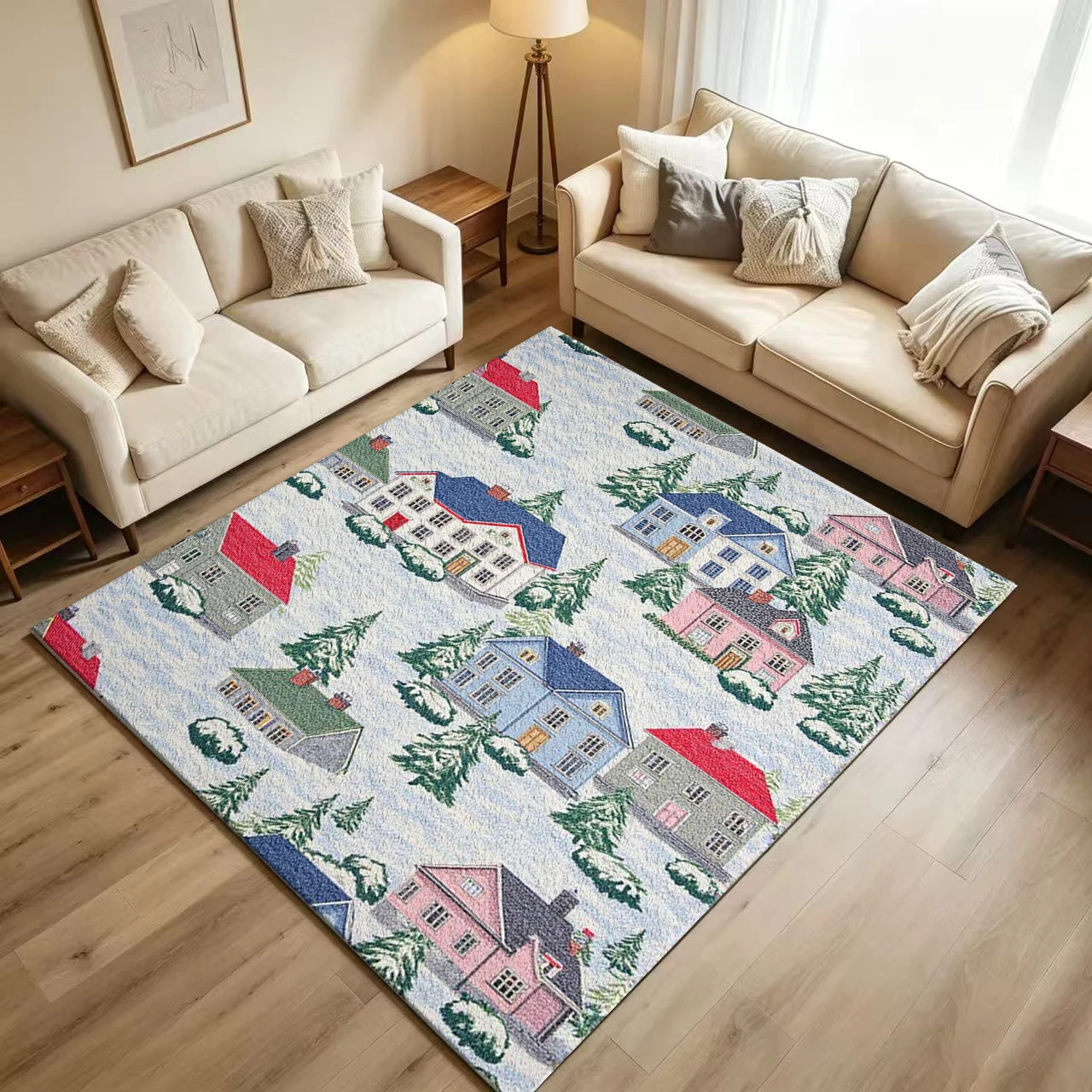 Winter Snow Town House Landscape Carpet Flooring Nordic Cottage Pine Tree Printed Floor Rug for Household Room Home Decoration