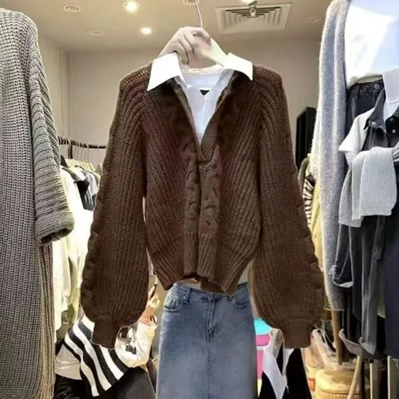 Moda finta due pezzi pullover lavorati a maglia donna patchwork coreano couverture colletto maglione femminile autunno inverno twist maglioni in maglia