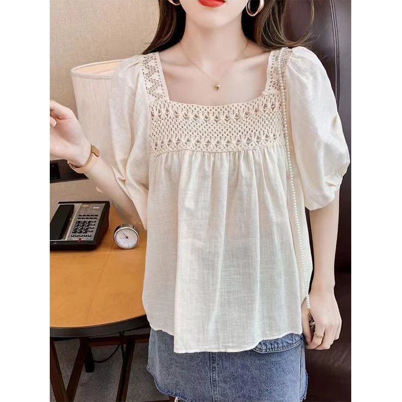 2023 Summer Korean Fashion Pure Cotton Hollow Out Blouse Ladies Literary Vintage Pullover Tops Women Puff Short Sleeve Shirt