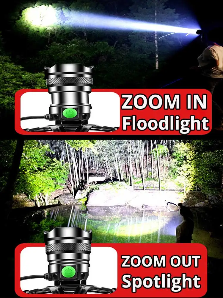 Upgrade 30W LED Powerful HeadlampTYPE-C Rechargeable Head Flashlight 1500 Meters LED Headlight Zoom Head Lamp Long Shot Lantern