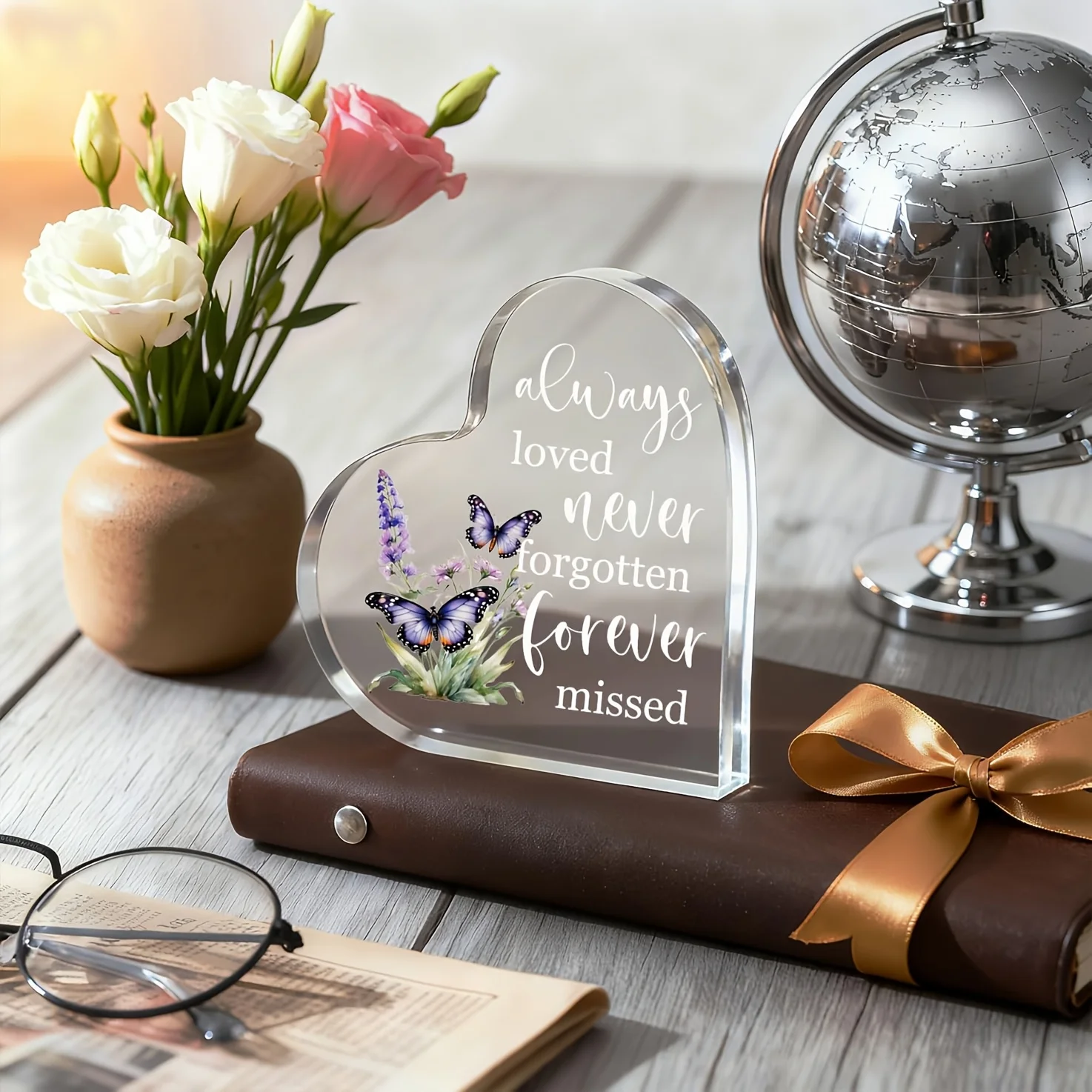 Always Loved Never Forgotten Forever Missed Heart‑Shaped Acrylic Tabletop Plaque, Purple Floral Butterfly Memorial Desktop Decor