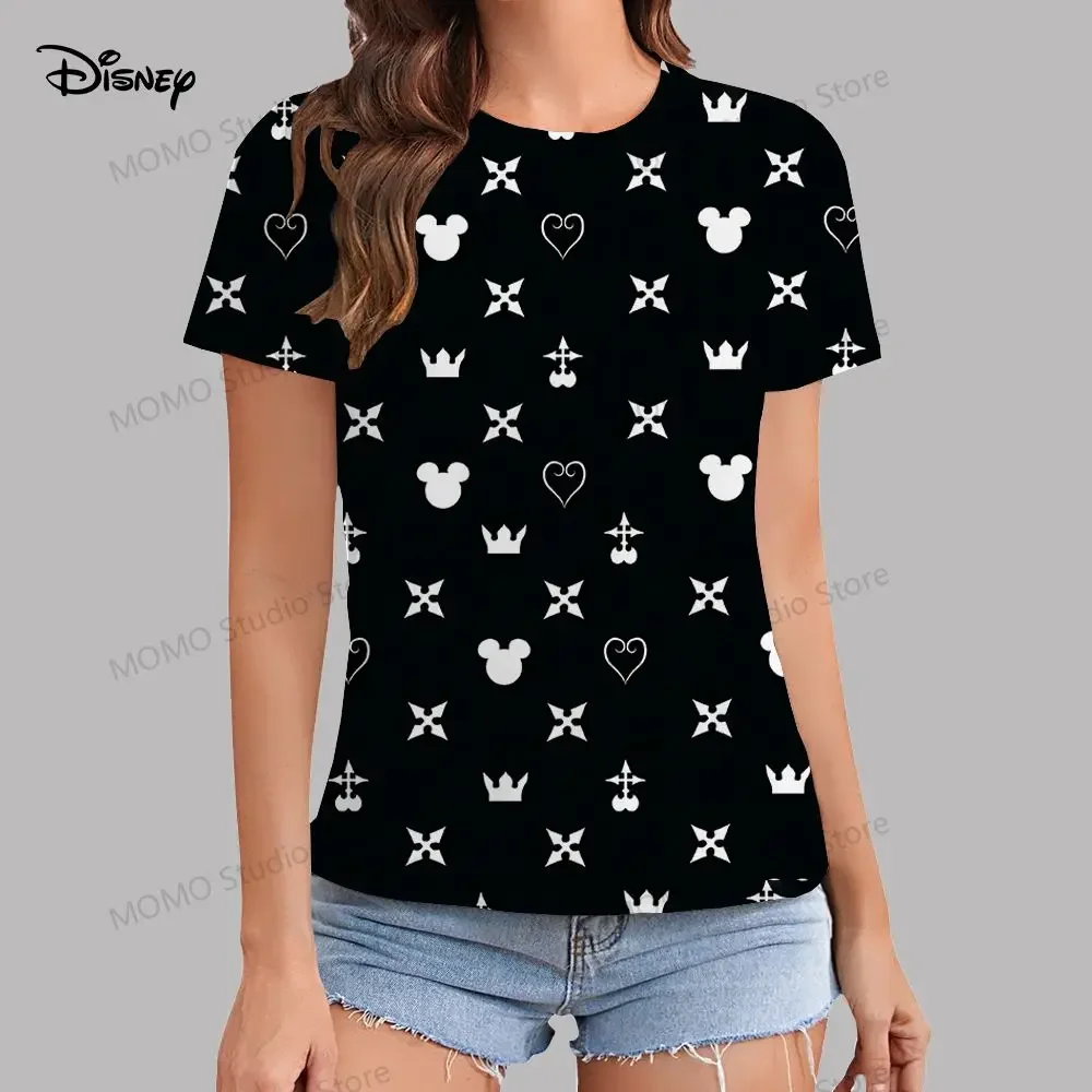 Disney Mickey Mouse Girls T-shirt 100-6XL Top Kawaii Y2k Summer Family Short Sleeve Women's clothing O collar 2024 Street wear T