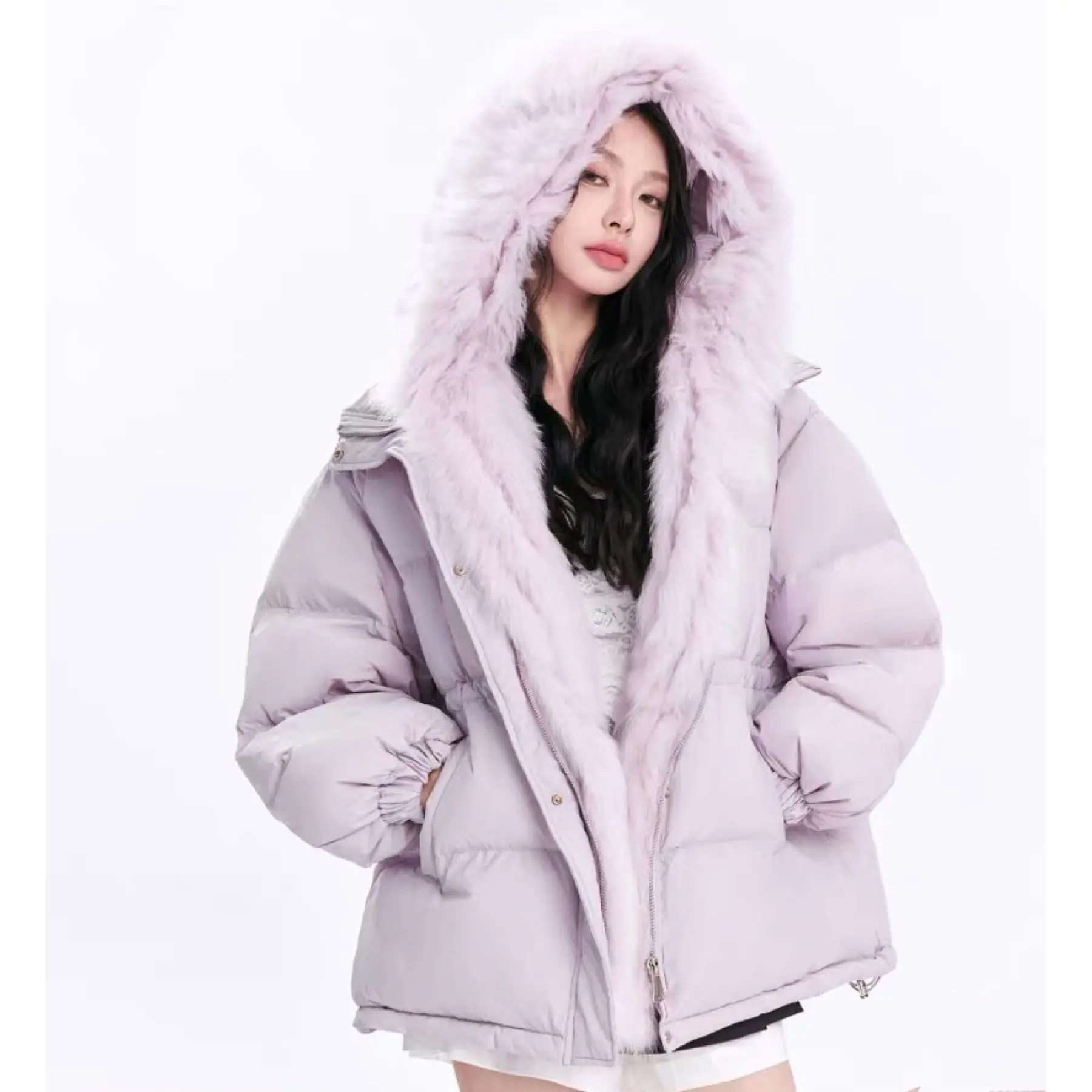 Women Lavender Short Puffer Coat 2026 Winter Faux Fur Hooded Loose Cotton‑Padded Jacket Sweet Casual