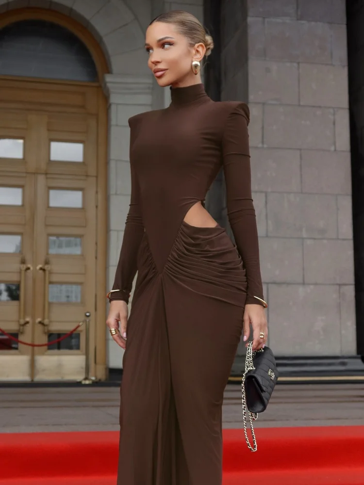 VC イブニング トレンディ ラグジュアリー ダークブラウン ハイネック パッド入りショルダー カットアウト＆ラッフル付きガウン パーティー プロム マキシドレス