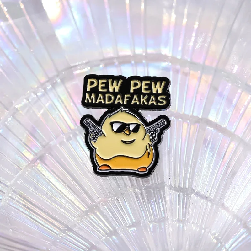 PEW PEW MADAFAKAS! Enamel Pins Funny Cute Chicken Killer With Guns Brooches Backpack Lapel Badges Punk Jewelry Gift Accessories