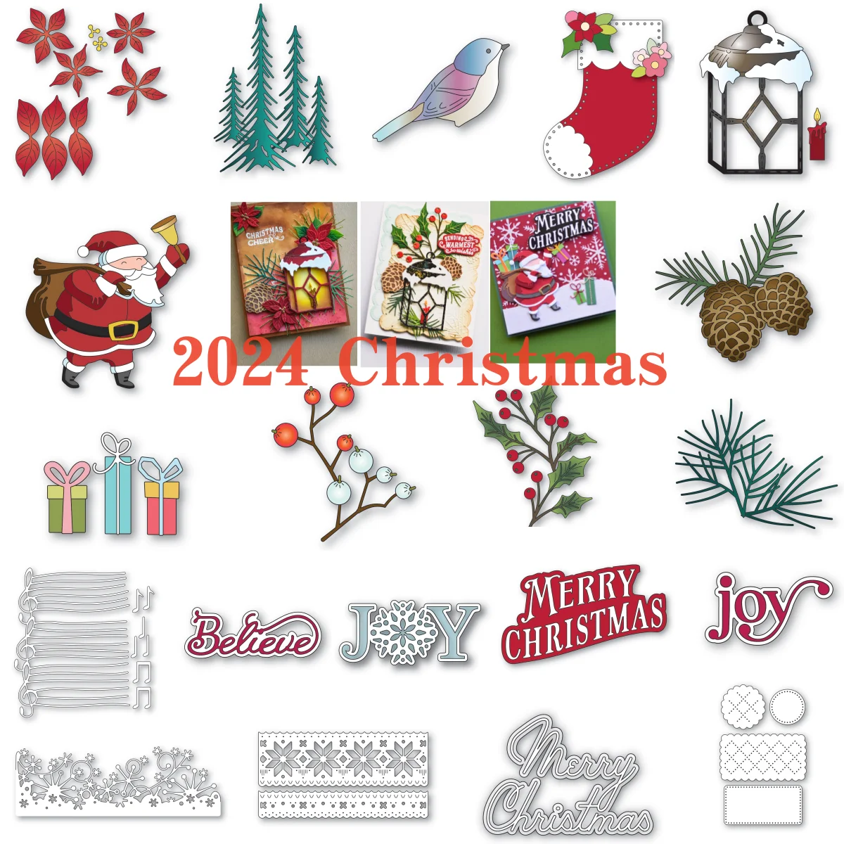 2024 Christmas Santa Claus Berries Bird Lantern Metal Cutting Die for DIY Scrapbook Embossed Make Card Craft Template Decoration