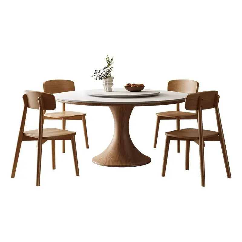 

High-end rock slab dining table and chair combination, modern simple home use, large round table with turntable solid wood