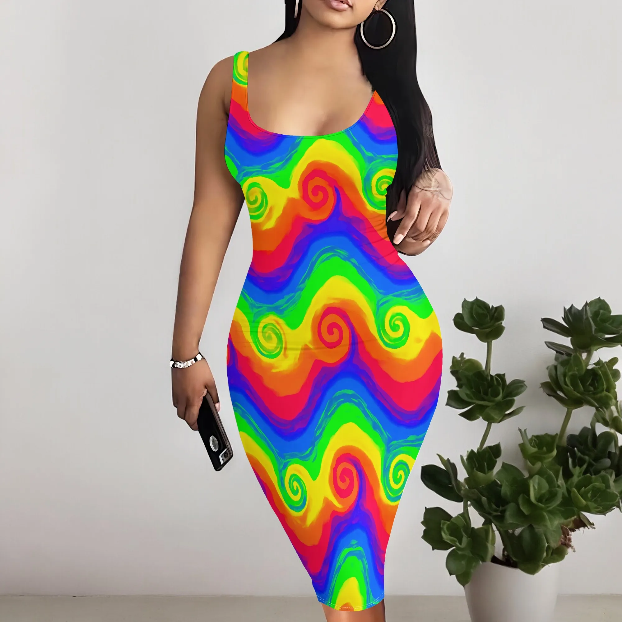 

Rainbow Spiral Print Bodycon Dress for Women | Trendy Summer Party Dress | Sizes S-3XL