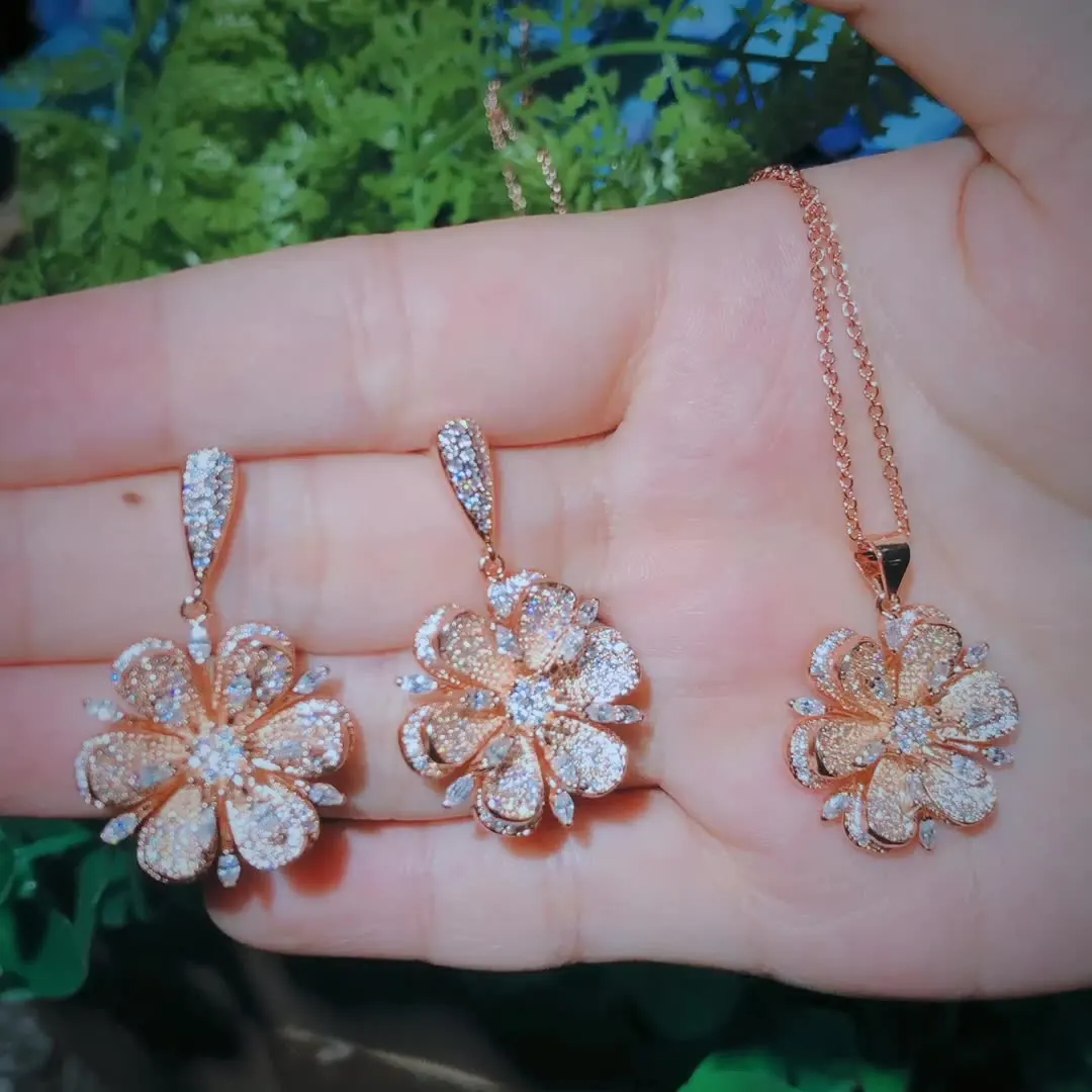 Ki0085 European and American Simple Diamond-Encrusted Rose Gold Flower Earrings Pendant Small Set Super Flash Zircon Women's Jewelry, Necklace Length 42cm + 5cm, Valentine's Day, New Year, Mother's Day, Birthday, Gift, Party, Graduation Season