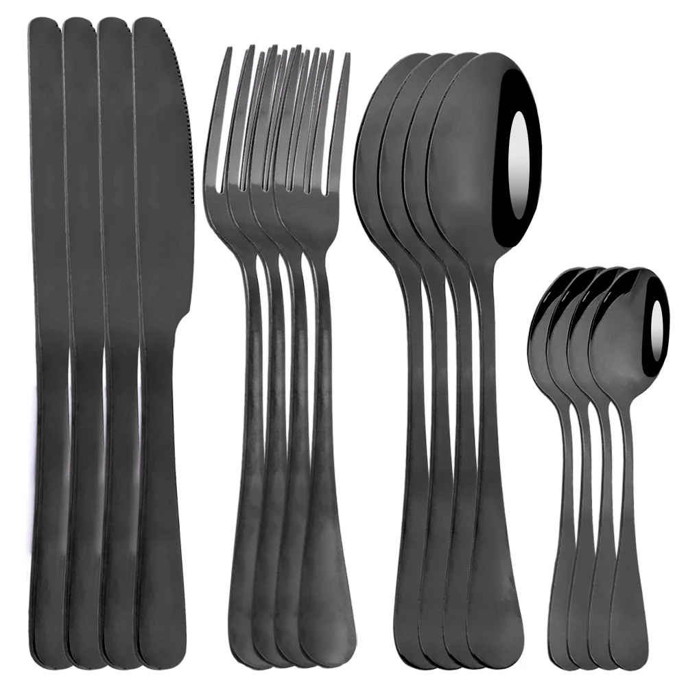 

16Pcs Black Cutlery Sets Stainless Steel Western Flatware Dinnerware Knives Forks Coffee Spoons Tableware Set Wedding Silverware