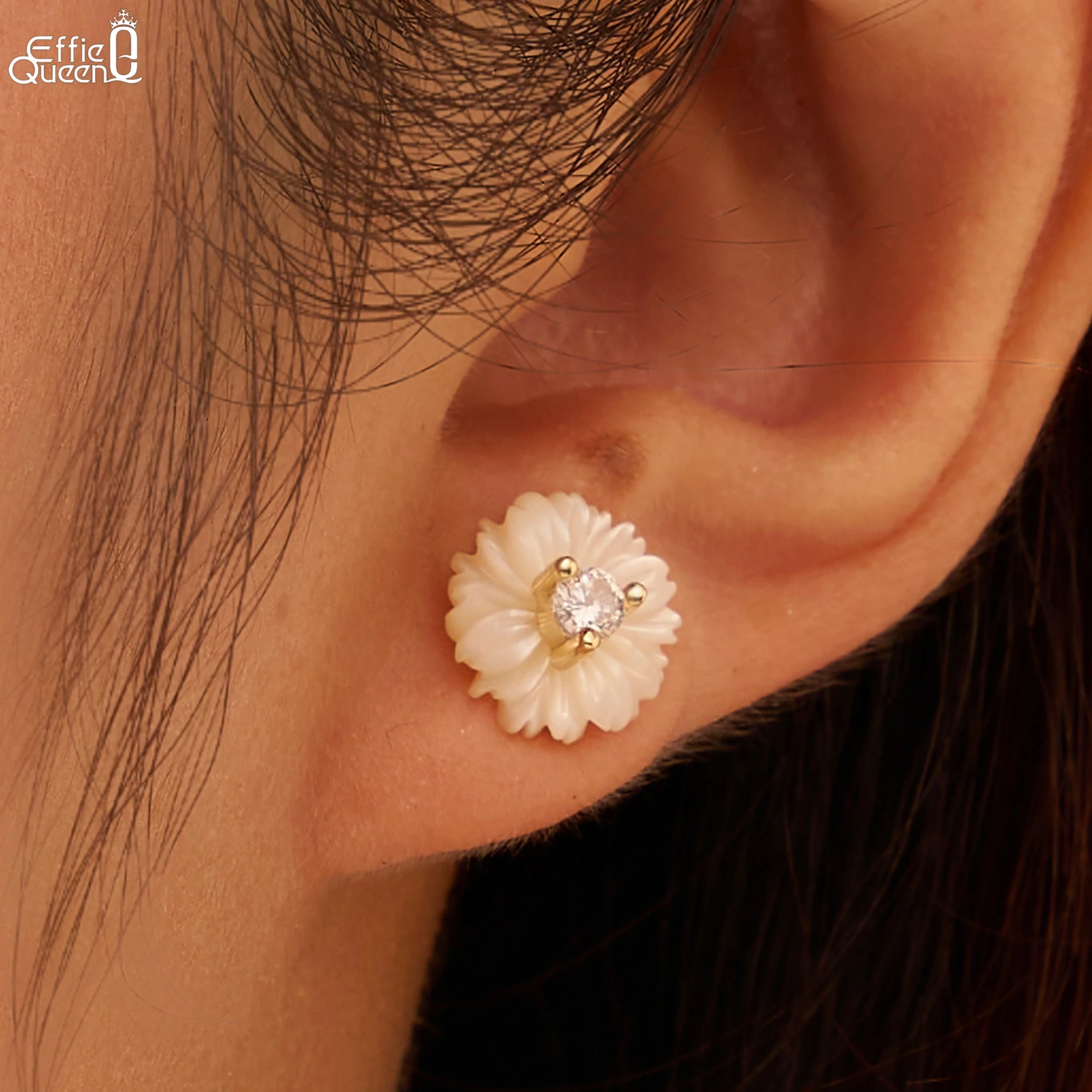 

Effie Queen 925 Pure Silver 14k Gold White Flower Shell Stud Earrings Romantic Jewelry for Women Wedding Party Casual Gift PSE10