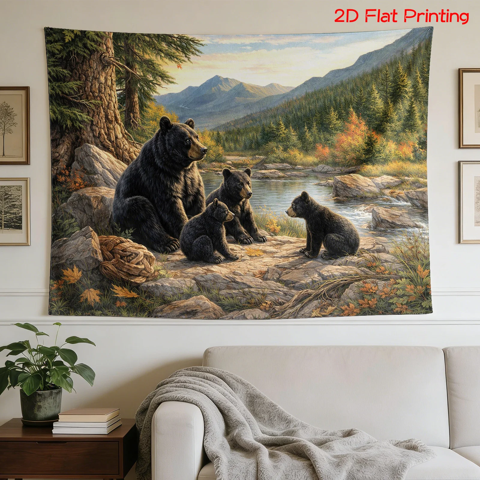 2D Flat,1pc Printed Tapestry, Black Bear Family Mountain River Scene, Nature Wall Decor, for Living Room,Bedroom