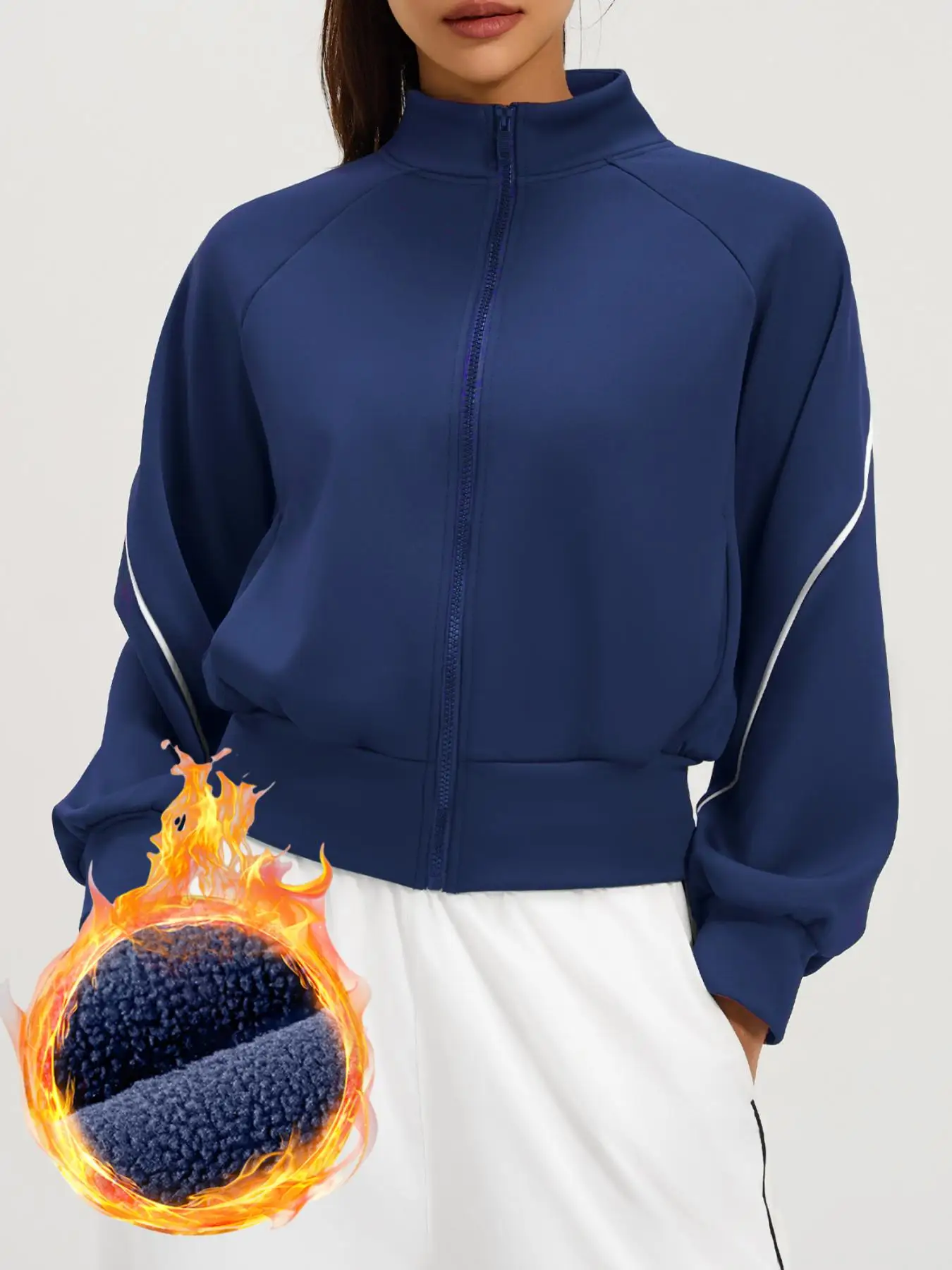 Women's Fleece Lined Sport Jacket with Pockets, Short Zipper Sweatshirt with Color Block Hem, Warm Casual Sports Coat for Fall &