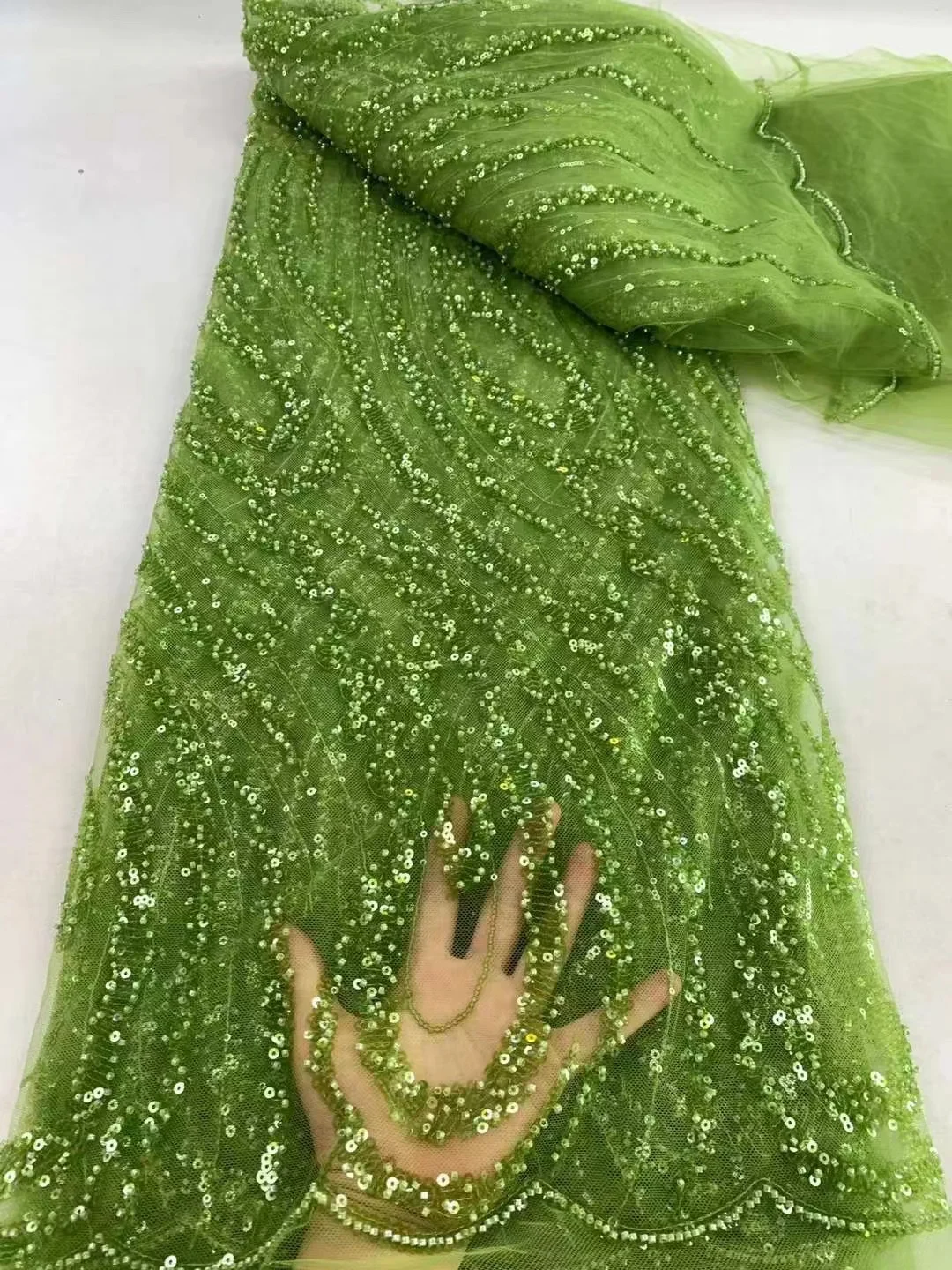 Luxury Green 2024 High Quality French Tulle Sequin Lace Fabric African Groom Lace Fabric 5 Yards For Nigeria Wedding Party Dress