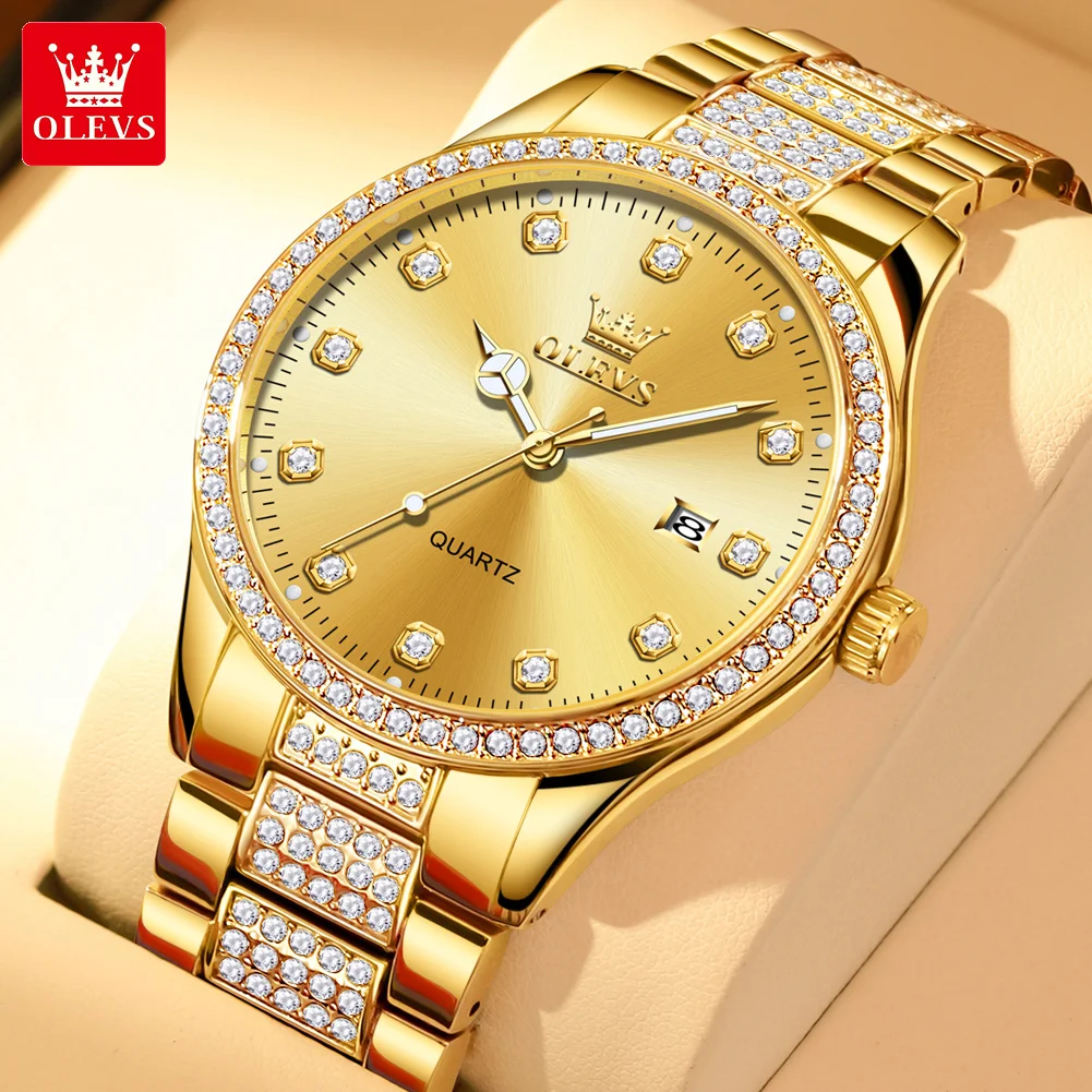 OLEVS Original Men's Watches Gold Waterproof Luminous Quartz Watch for Man Diamond inlay Calendar Wristwatch Butterfly Buckle