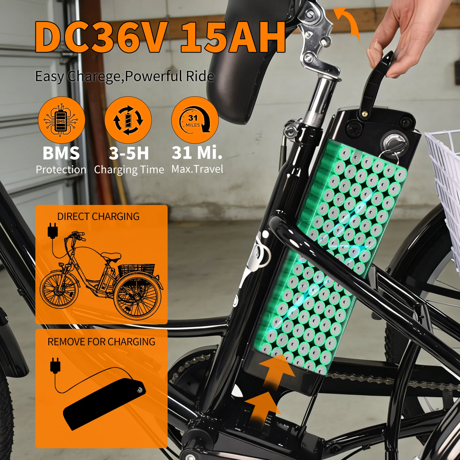 Triciclo Eléctrico SMARTRAVEL M300 36V 15AH, Neumáticos de 24x2.125 pulgadas, 7 Velocidades, Modo de Asistencia para Adultos, Autonomía de 40-60 km, Bicicleta de Montaña, Motor sin Escobillas, Batería de Litio Extraíble, Frenos de Disco, Bicicleta Eléctrica para Desplazamientos Urbanos Diarios y Uso Todoterreno, Envío Gratuito