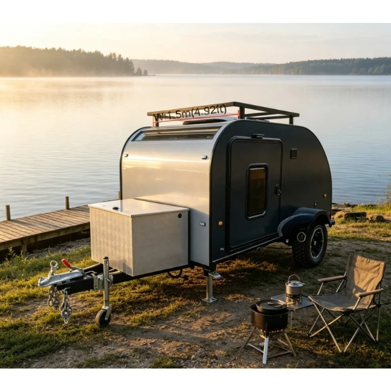 Custom Mini Teardrop-Shaped Aluminum Caravan Travel Trailer, Outdoor Camping Camper Including Portable Camping Tent