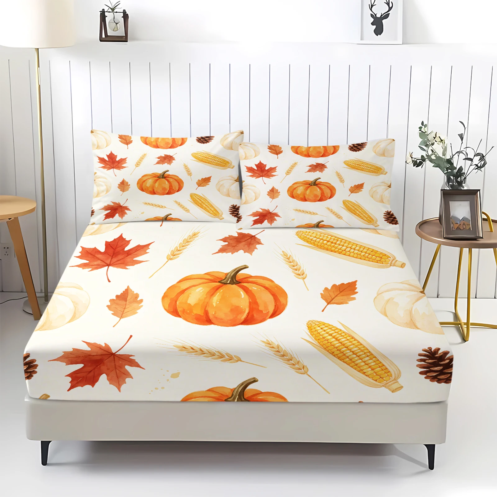 Fall Harvest Pumpkin Maple Leaf Fitted Sheet Set Elastic Corn Pinecone Printed Bed Sheet with Pillowcase Thanksgiving Bed Cover