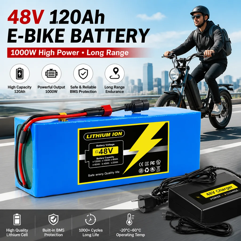 48V 120Ah Rechargeable 18650 Battery Pack 13S3P Built-in BMS Safety Circuit Board With XT60 And DC Dual Interfaces
