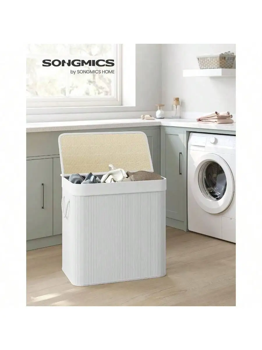 SONGMICS Laundry Hamper, 39.6 Gallons (150L), 3-Section Laundry Basket, Laundry Hamper With Lid, Bamboo, Foldable, Removable