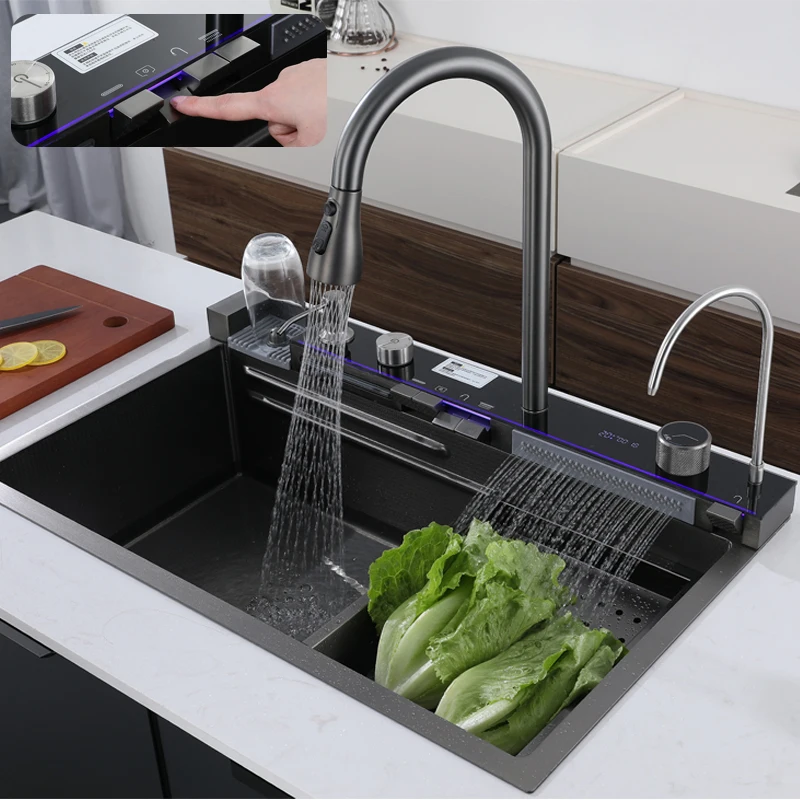 NEW Luxury Smart Kitchen Sinks 304 Stainless Steel Multifunction Sink Modern Waterfall Led Digital Display Kitchen Sink Set