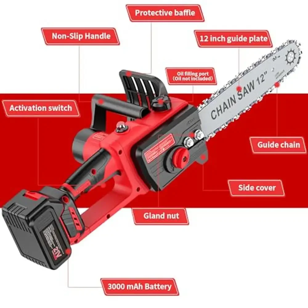 12 Inch Brushless Electric Chainsaw Cordless Battery Hand Saw Tree Branches Cutter Power Tool 2 Batteries Safety Guard Branch