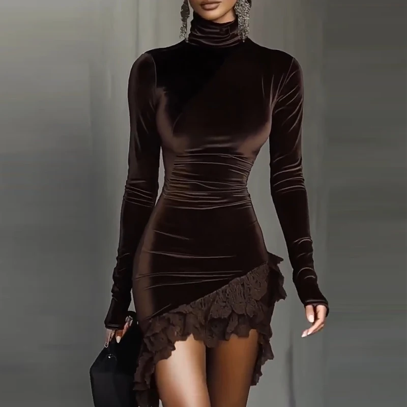 Robe de soirée en dentelle Patchwork pour femmes, col roulé en velours, manches longues, décontractée, plissée, Slim Fit, Mini, à la mode, 2026