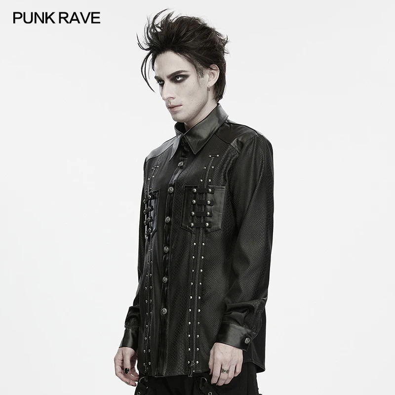 PUNK RAVE Men's Symmetrical Design Snake Pattern Studded Rubberized Punk Shirt Metal Rivets Decorative Street Punk Cool Top