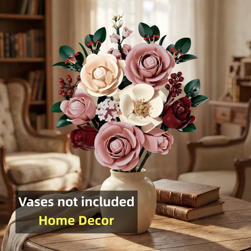 Bouquet de roses mélangées vintage, blocs de construction, fleurs artificielles, décoration de la maison, cadeau d'anniversaire pour hommes et femmes adultes