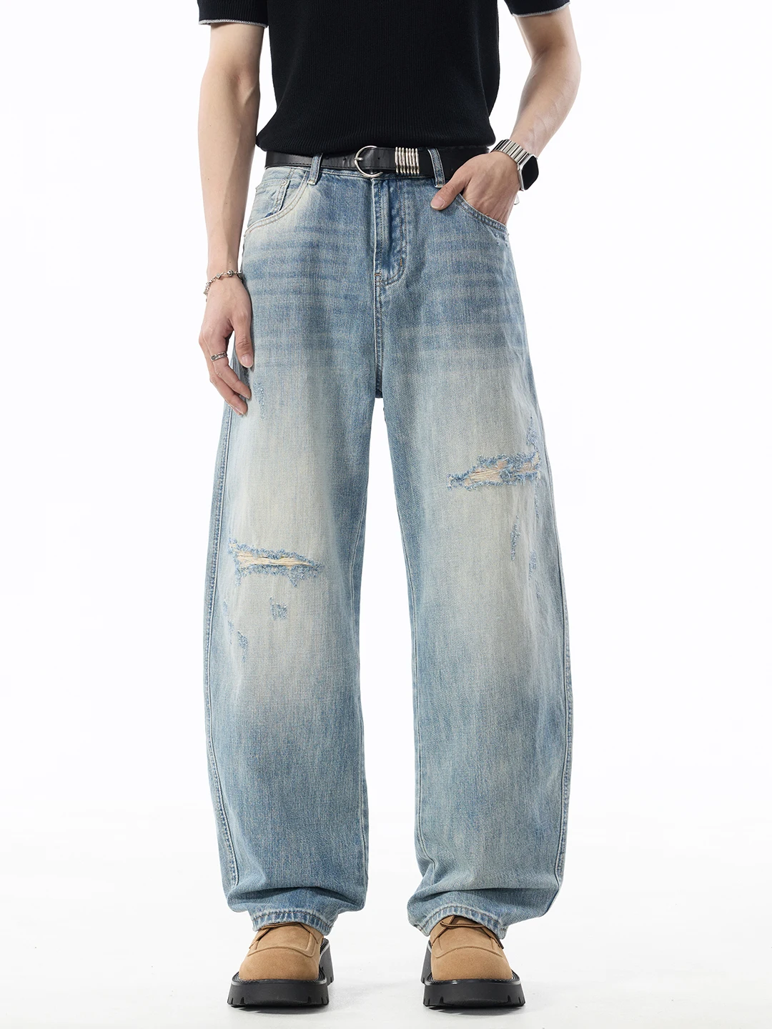 

Retro American Wide Leg Knife Hole Denim Jeans Men's Trendy Brand 2026 New Loose Straight Casual Long Trousers Faion