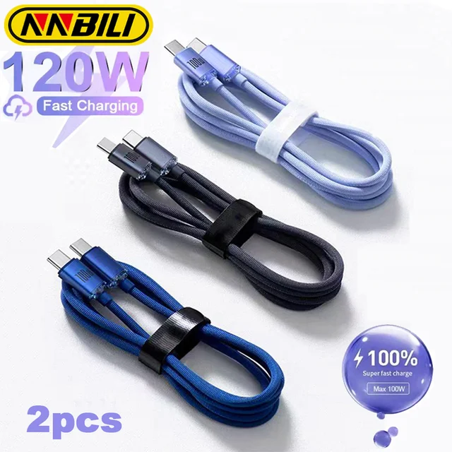 NNBILI 2szt. 120W 6A Kabel typu C do typu C do iPhone'a 15 Pro Max PD Szybkie ładowanie USB C Przewód do transmisji danych do Xiaomi 14 Samsung Ładowanie