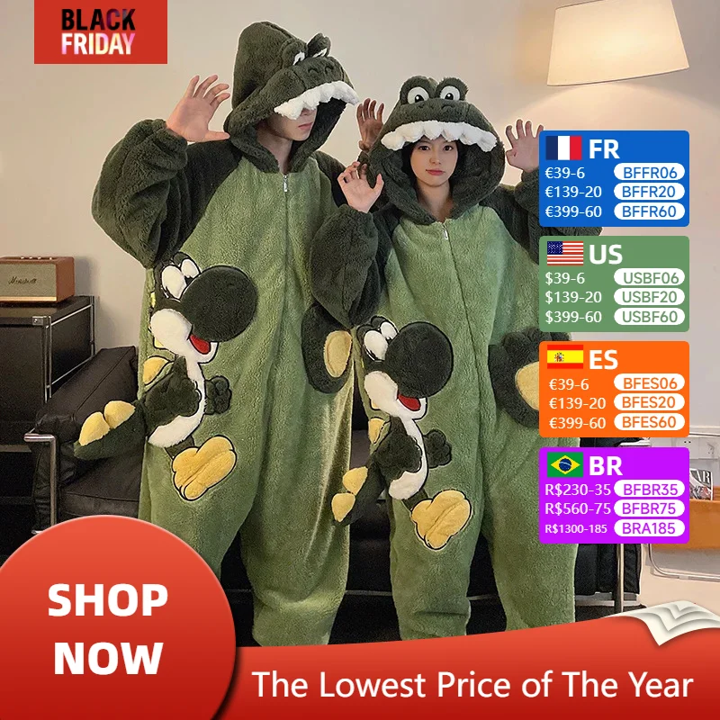 Winter Couple Pajamas Jumpsuits Women Men Coral Fleece Sleepwear Onesie Kigurumis Dinosaur Warm Thicken Pyjamas Zipper Pijamas