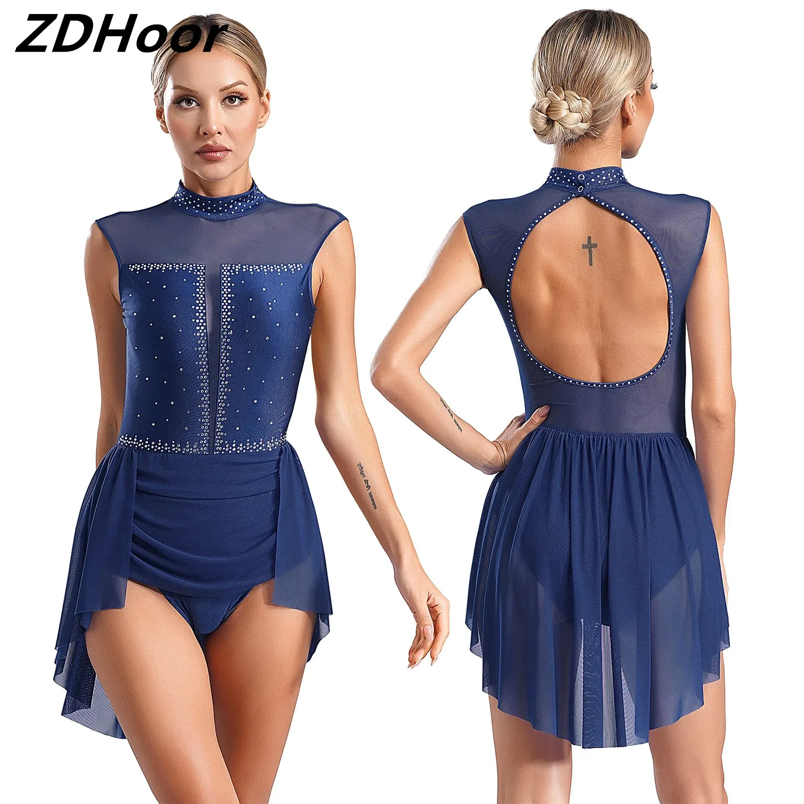 

Womens Lyrical Ballet Leotard Dress Sleeveless Backless Sheer Mesh Patchwork Glittery Rhinestones Dance Costume Dancewear