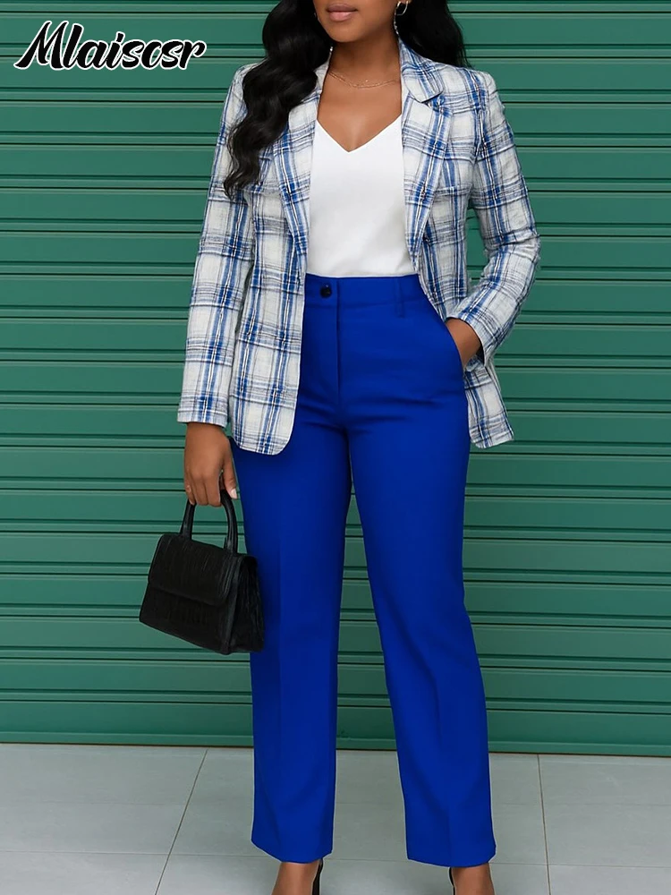 Mlaiscsr Abiti blazer africani per donna Giacca cappotto a maniche lunghe con stampa a griglia Top e pantaloni a gamba dritta Set da 2 pezzi Office Spring