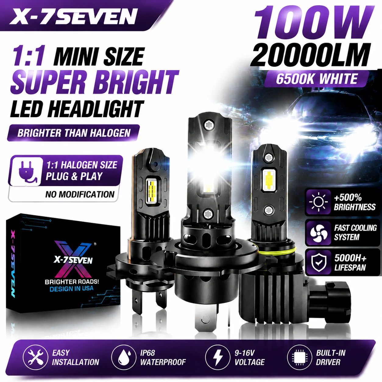 X-7SEVEN Nano LED Headlight Bulb 100W 20000LM 6500K Mini Size 1:1 Halogen Replacement Plug & Play Car Lamp H4 H7 H11 9005 9006