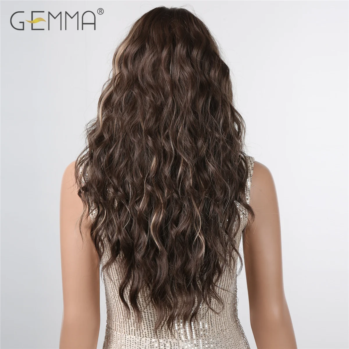 GEMMA Dark Brown Long Curly Synthetic Wig Deep Wave Cosplay Hair Wigs with Wavy Bangs for Women Daily Party Heat Resistant Fibre