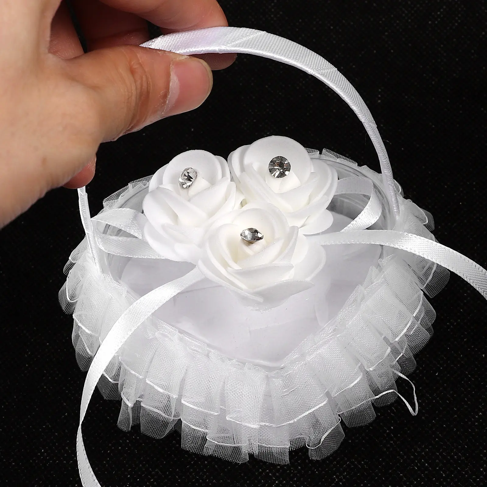 

Mini Lace Wedding Ring Pillow Heart Shape Satin Cushion with Handle for Ceremony Engagement Ring Holder Wedding Decoration