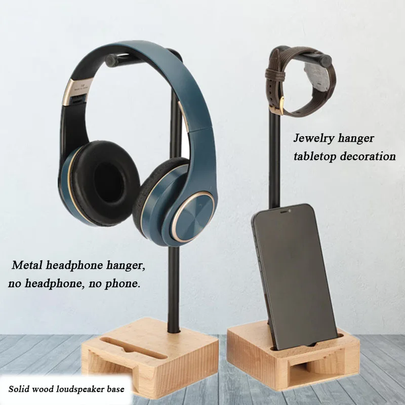 Headset Metal Rack Natural Beech Wood Durable Wireless Bluetooth Headset Holder with Solid Wood Loudspeaker Base