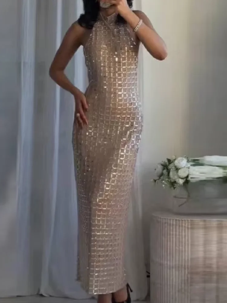 

Chic Sequined Checkeredhalter Maxi Dress Women Fashion Backless Off-shoulder Sleeveless Long Dresses Evening Dinner Vestidos