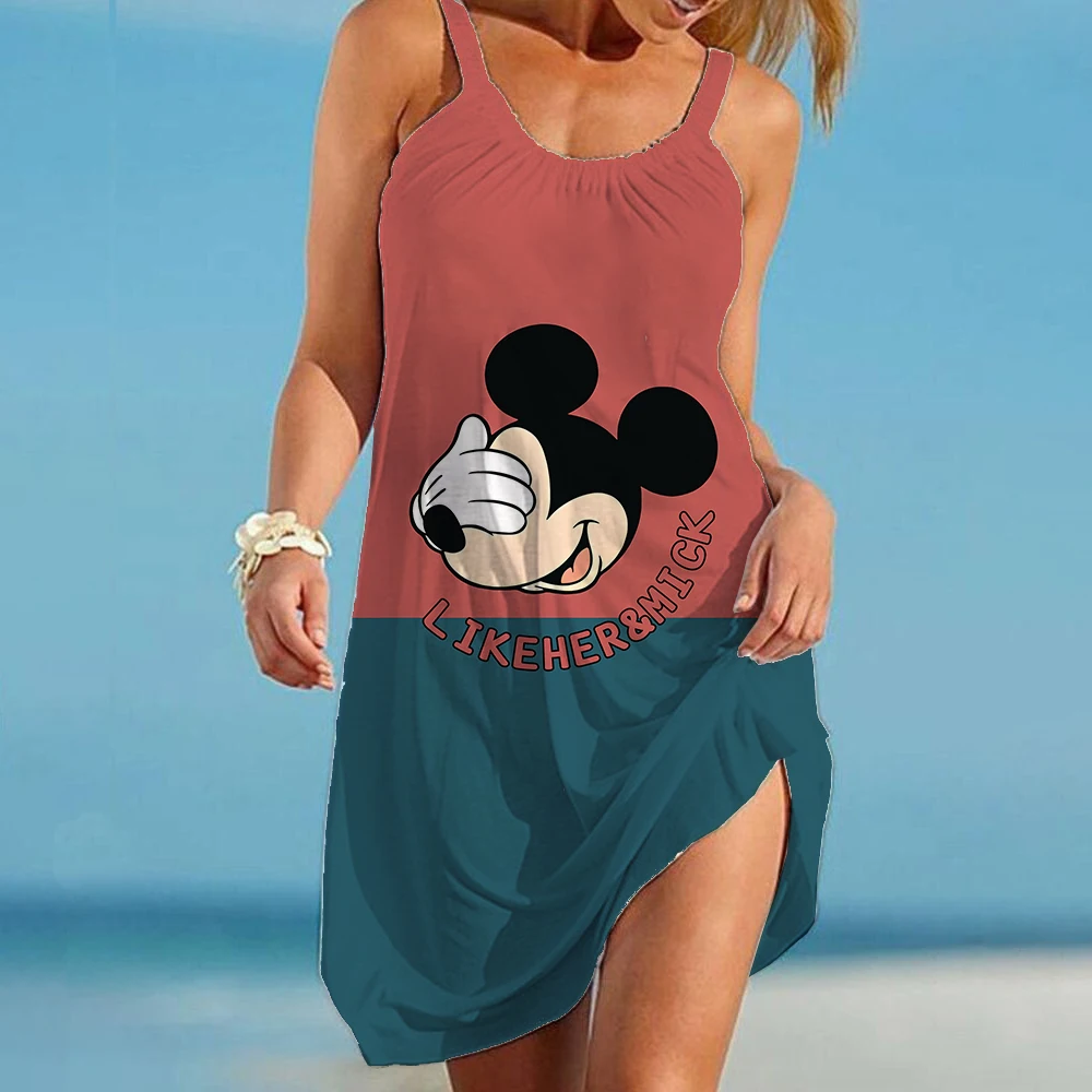 Sexy Loose Fashion Sling Seaside Beach Backless Boutique Summer 3D Print Dress 2022 Disney Mickey and Minnie Beach Dress