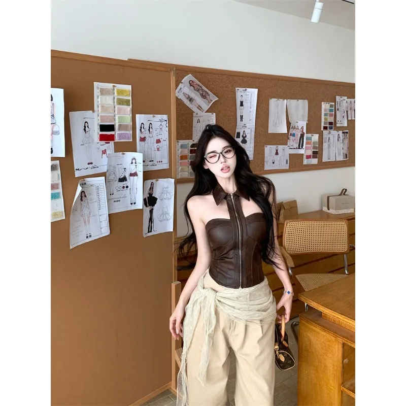 

PU Leather Women Tank Tops Solid Lapel Neck Crop Top 2026 Summer New Fashion Streetwear Sexy Night Club Party Outfits