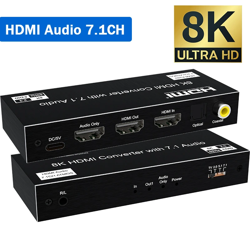 

8K HDMI 7.1CH Audio Extractor 4K@120Hz HDMI 2.1 to HDMI Audio Only + Optical Toslink SPDIF + Coaxial Converter HDCP2.3 HDR VRR
