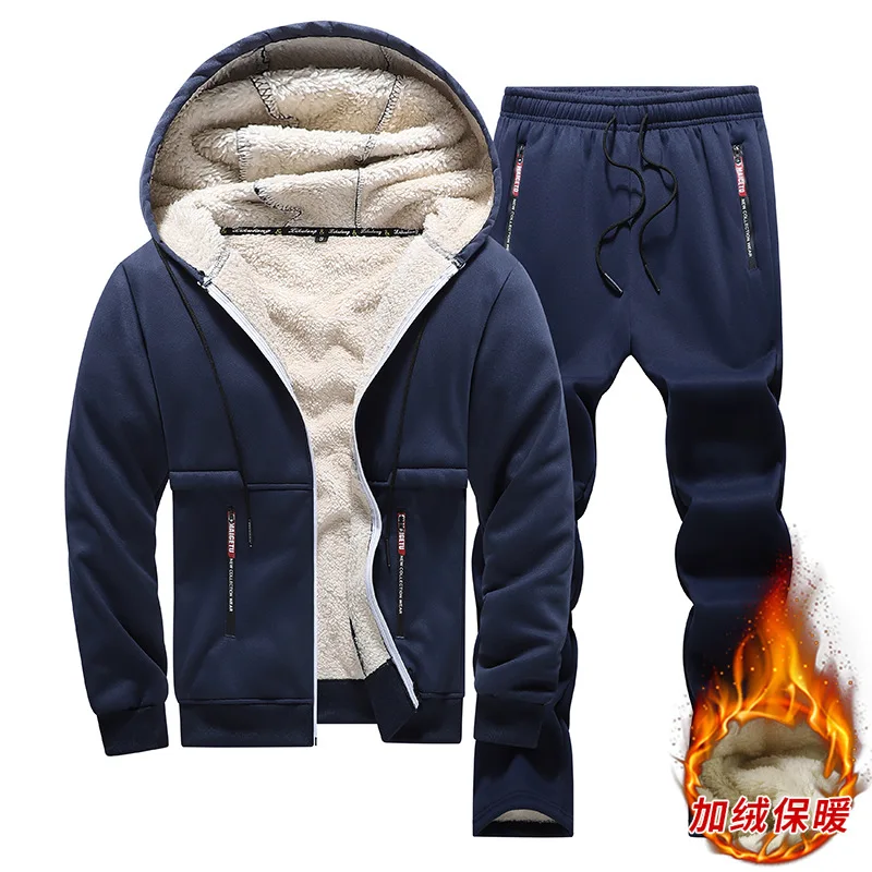 

Бархатный комплект с капюшоном из ягненка, мужская зимняя повседневная плюшевая утолщенная теплая спортивная куртка + брюки, спортивная ветрозащитная двухсекционная куртка для холодной погоды