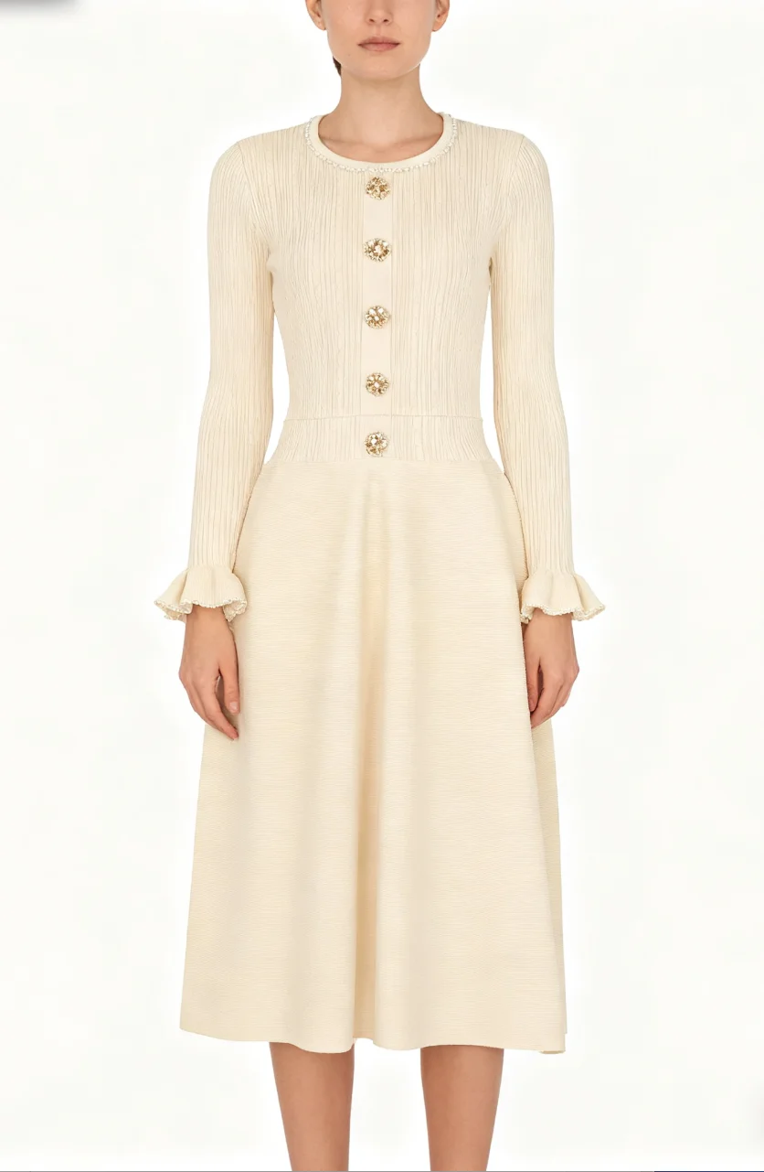 

Высококачественное весенне-осеннее новое модное вязаное платье с жемчугом для тяжелой промышленности, облегающее и утягивающее платье с круглым вырезом и длинными рукавами