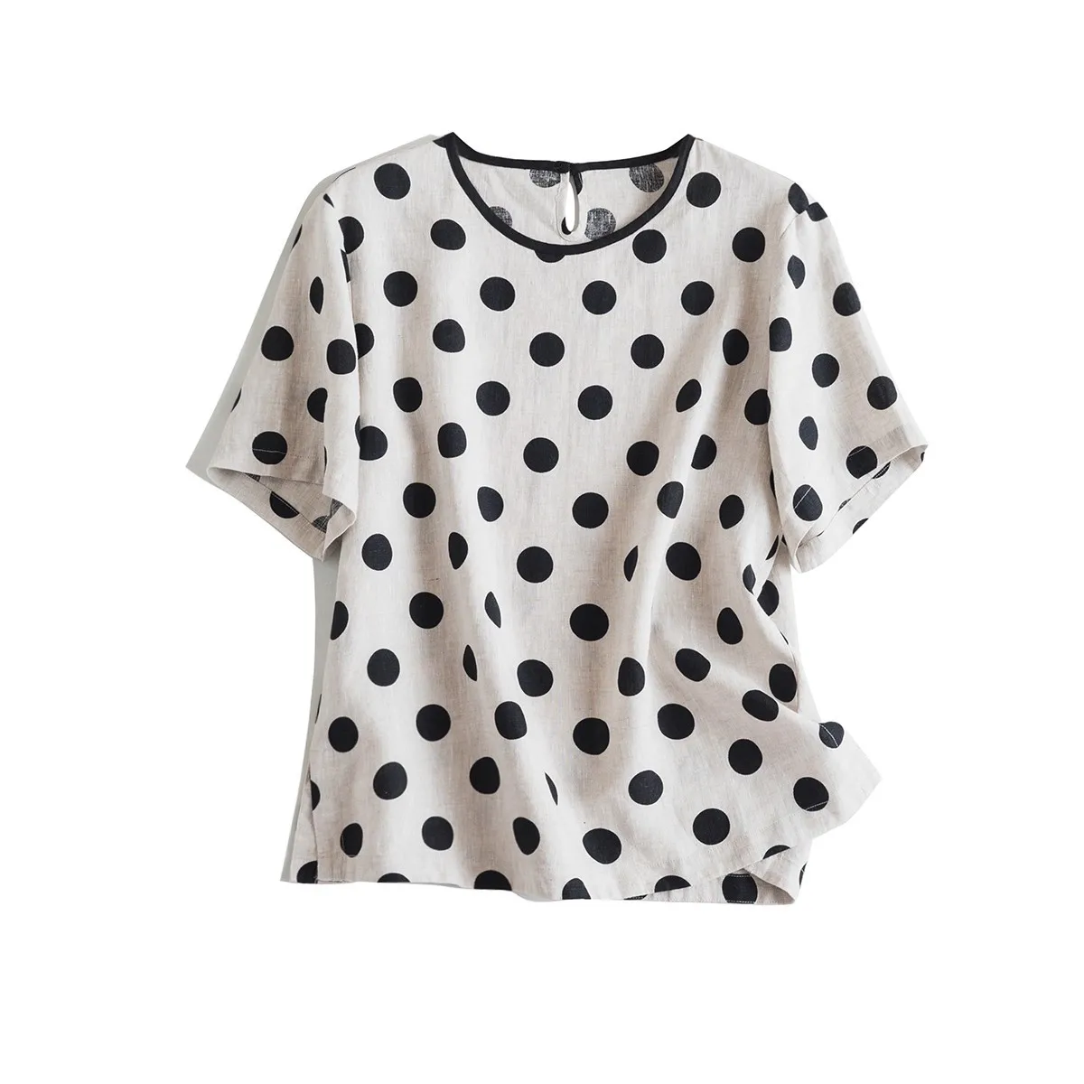 

Dave&di Big Polka Dot Round Neck Short Sleeved Shirt With Simple Temperament And Artistic Loose Top Blouses Women's Clothes